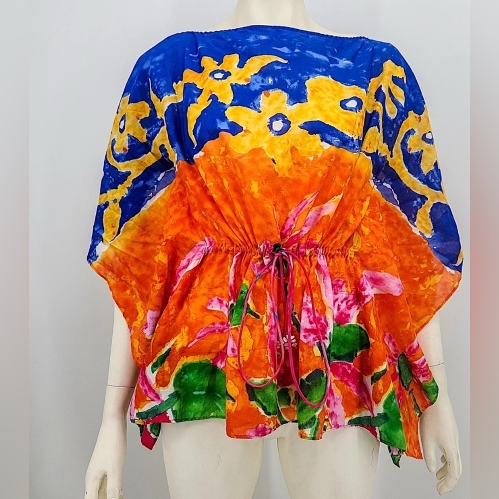 Ralph Lauren vibrant dloral coverup/tunic top with drawstring dolman sleeves S/P